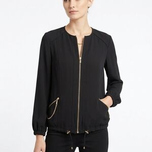 Caché Black Zip-Up Bomber Jacket with Gold Hardware - Lightweight Drawstring